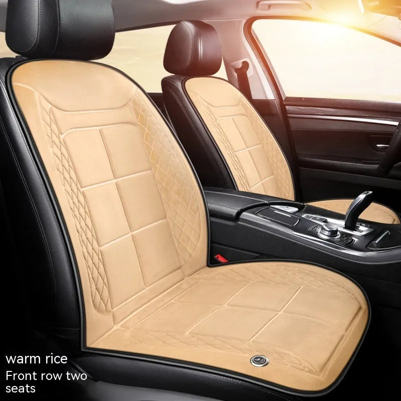 Heated car seat cushion in beige, black, and coffee colours showing single, double, and rear seat size options