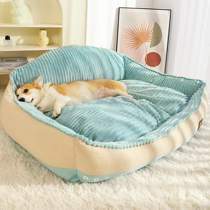 Morandi colour kennel-style pet bed with removable washable cover, shown in M and L sizes.