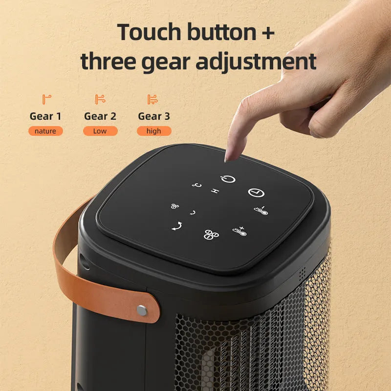 White PTC electric radiator with digital touch screen display and remote control for room heating and cooling.