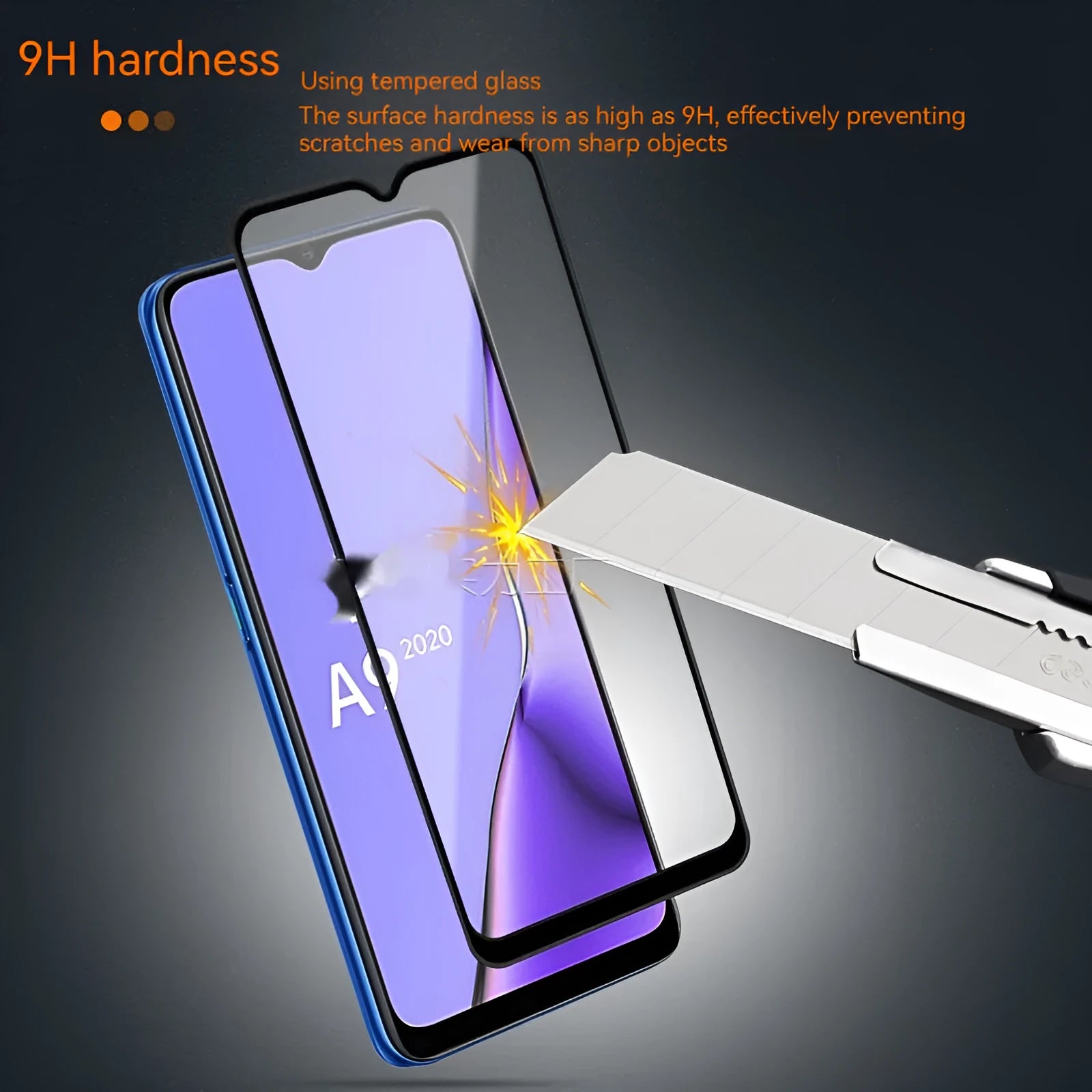 OPPO A9 2020 full screen tempered glass protector in black with anti-fingerprint coating
