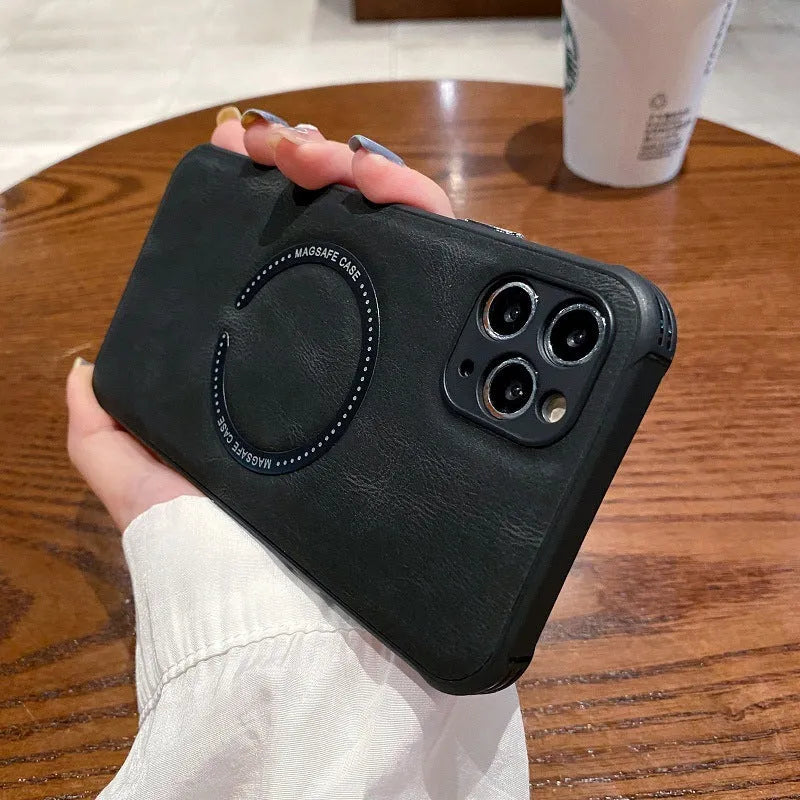 Business magnetic charging iPhone case in black imitation leather showing magnetic charging compatibility