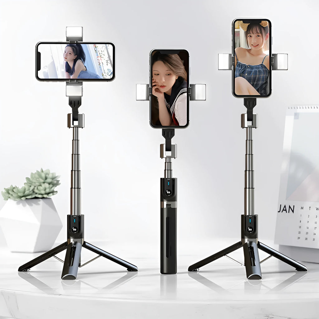 Bluetooth selfie stick with double fill light extended on desktop showing aluminium alloy arm and stand base