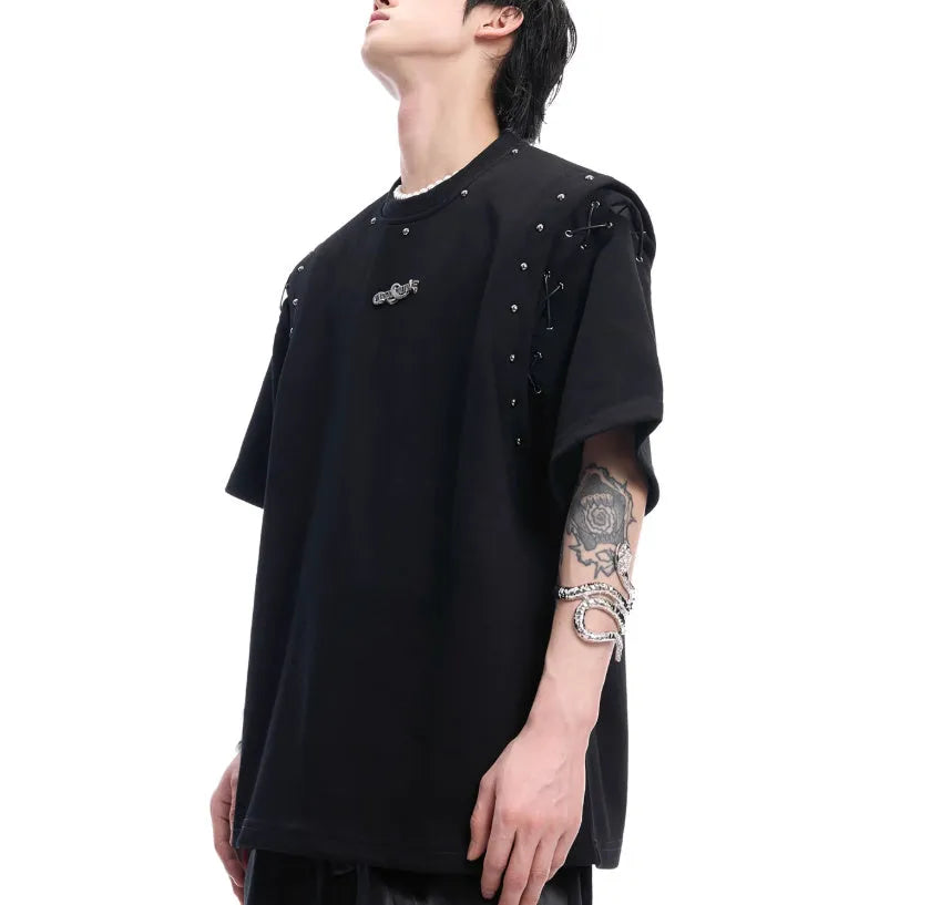 Black short sleeve T-shirt with lace-up cutout detail on mannequin