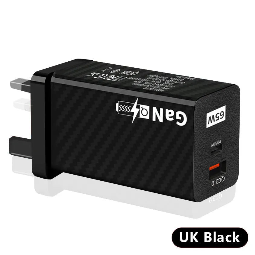 Gallium Nitride GaN 65W laptop charger in black with USB PD port and compact dimensions
