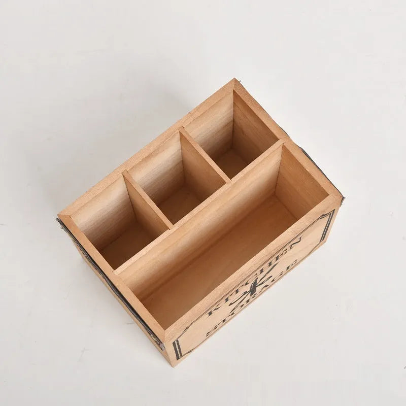 Wooden kitchen storage box for cutlery and chopsticks with divider grids