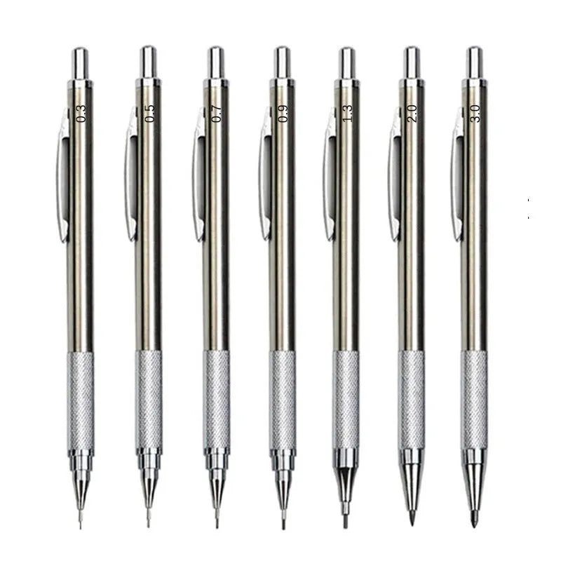 Metal automatic mechanical pencil showing multi-size lead compatibility for 0.5mm, 0.7mm, 0.9mm, 1.3mm and 2.0mm diameters