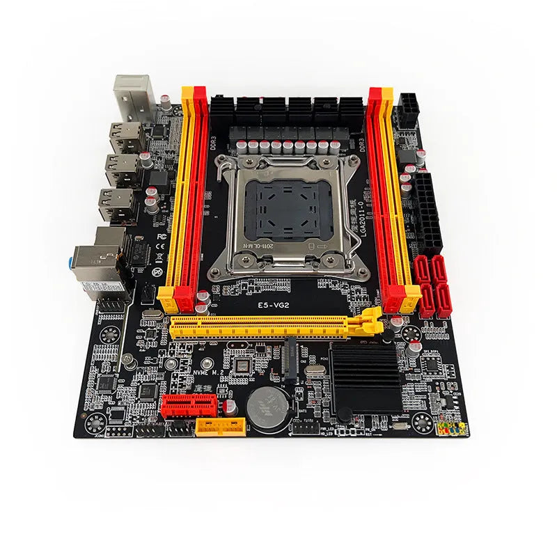 X79-VG2 desktop motherboard with LGA 2011 socket, PCIe slot, DDR3 slots, and rear I/O ports.