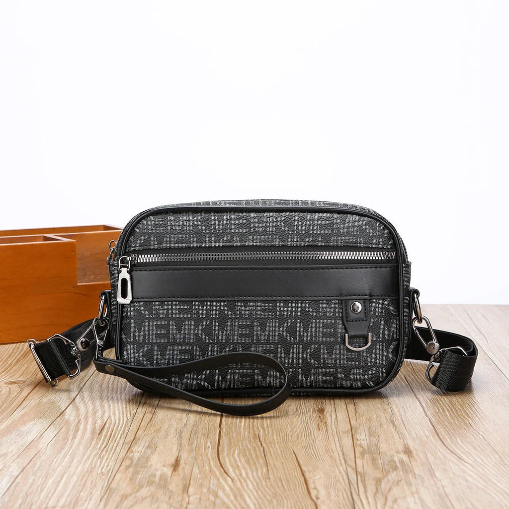 Men's geometric pattern PU leather shoulder messenger bag in horizontal design with handheld option