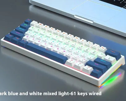 Bluish-black 61-key mechanical keyboard with hot-swappable switches on a desk