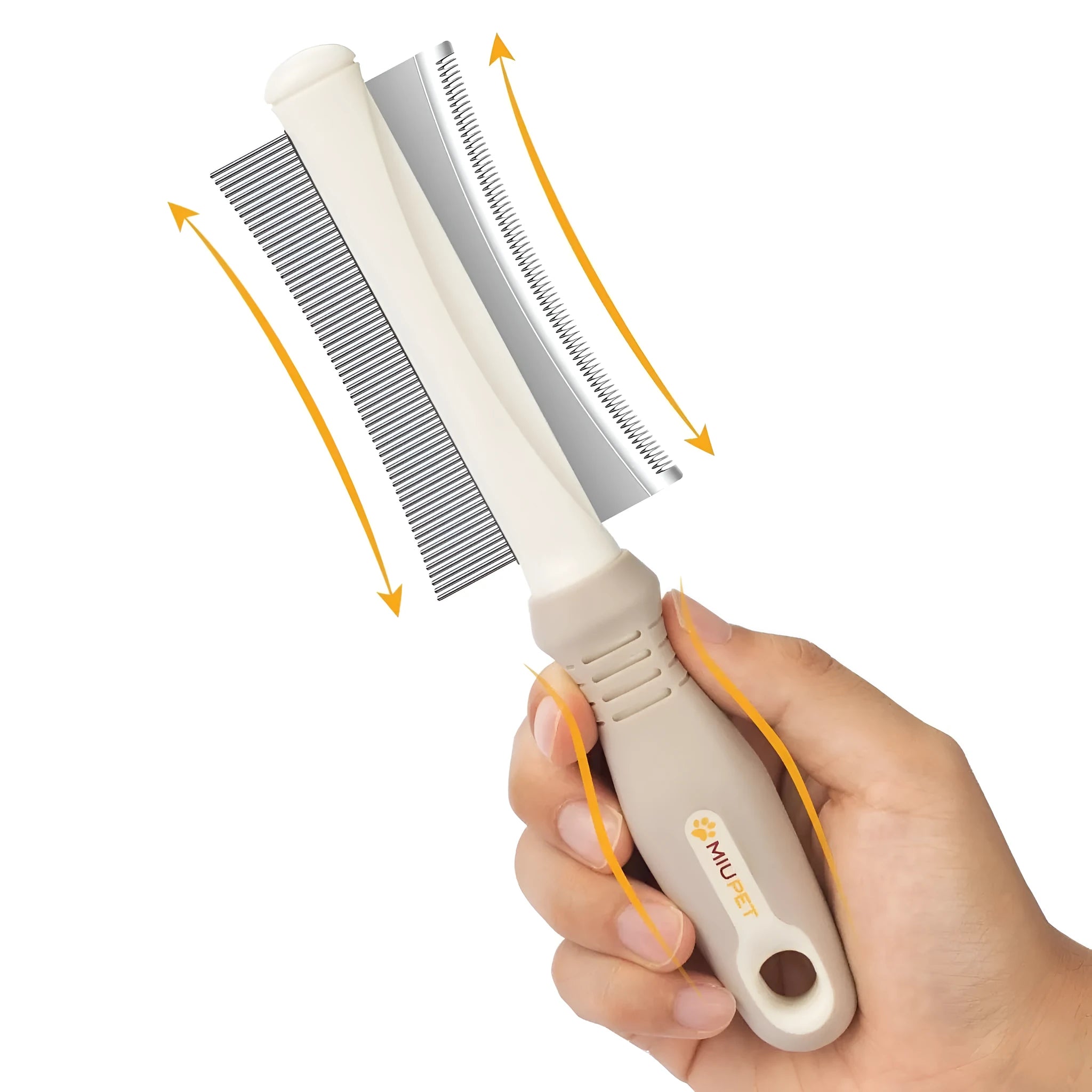 White 2 in 1 pet grooming brush with curved comb and deshedding sides