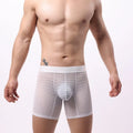 Men's black lace mesh boxers with low-waist design and geometric pattern
