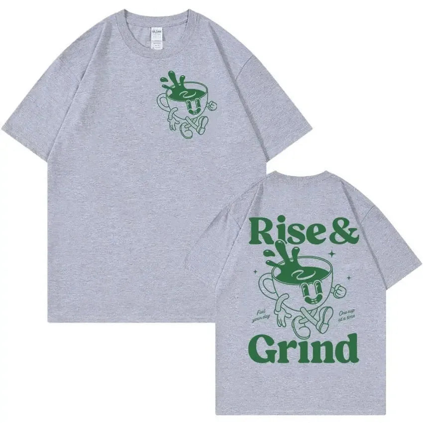 Men's linen t-shirt with Rise And Grind Green Coffee cartoon bag design in loose fit