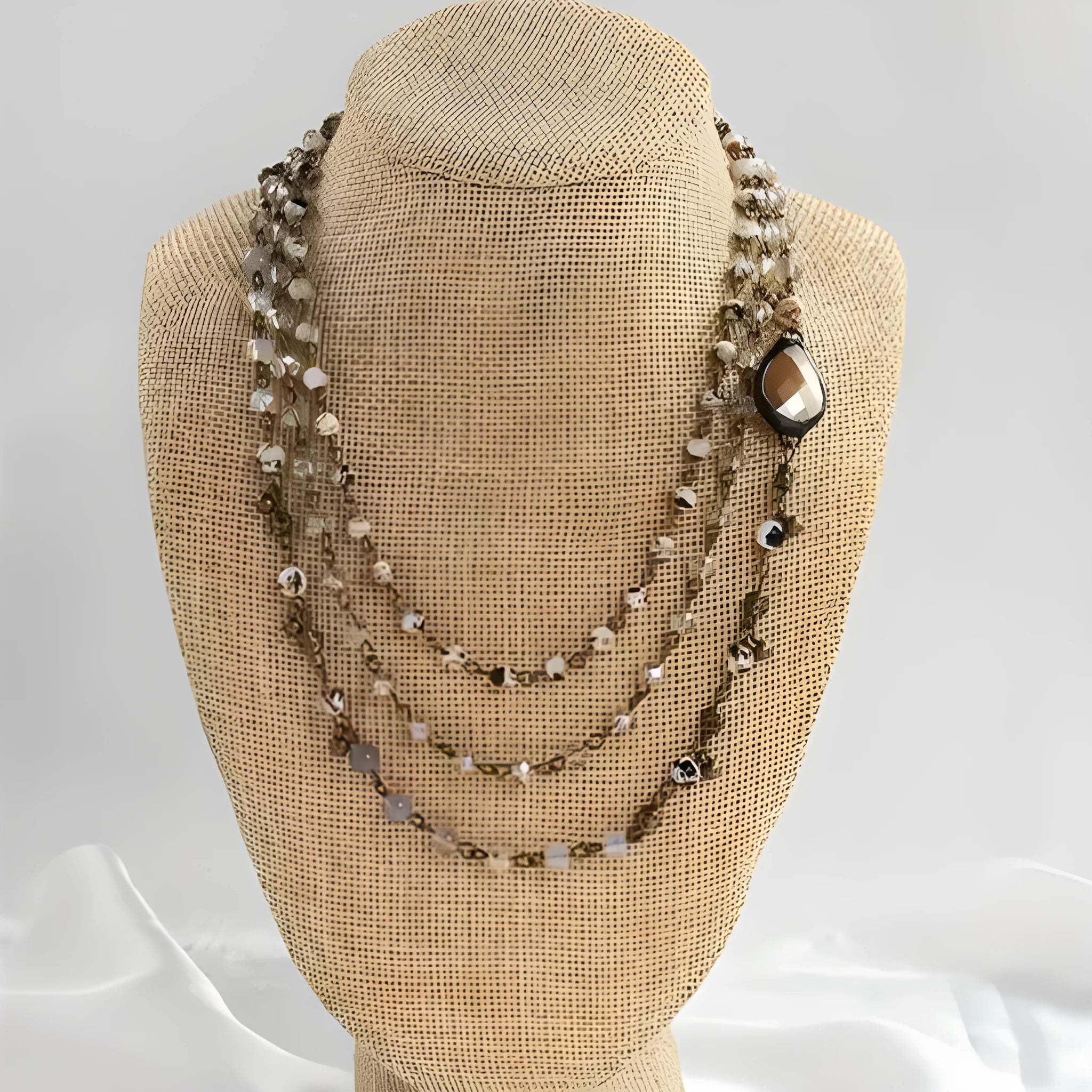 Handmade bohemian multi-layer necklace with natural stone and glass drop-shaped beads in blue-green colour