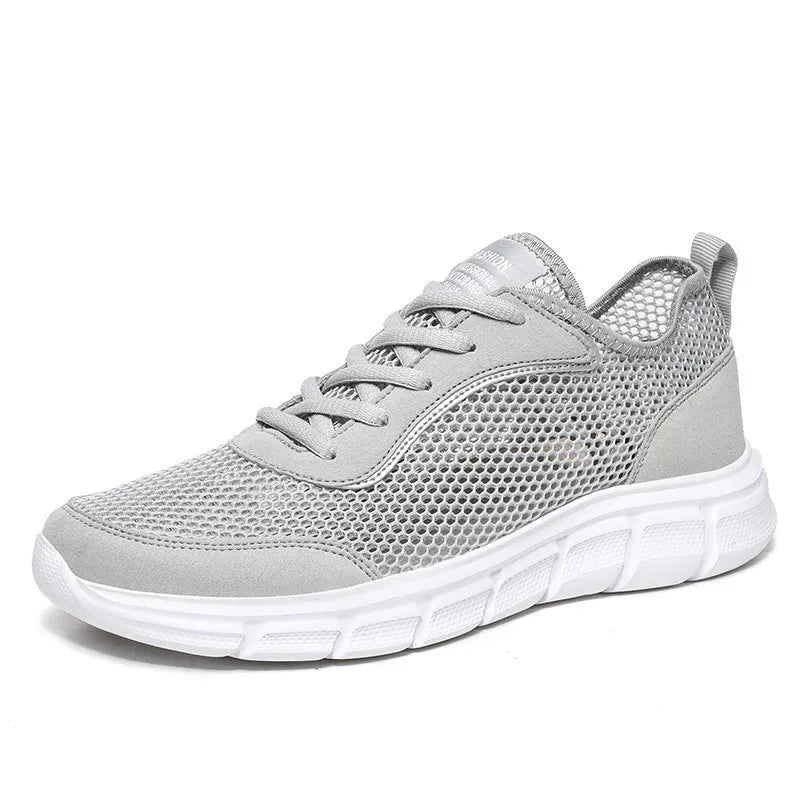 Men's breathable mesh lace-up summer sports shoes in black, blue, and grey, sizes 37-48