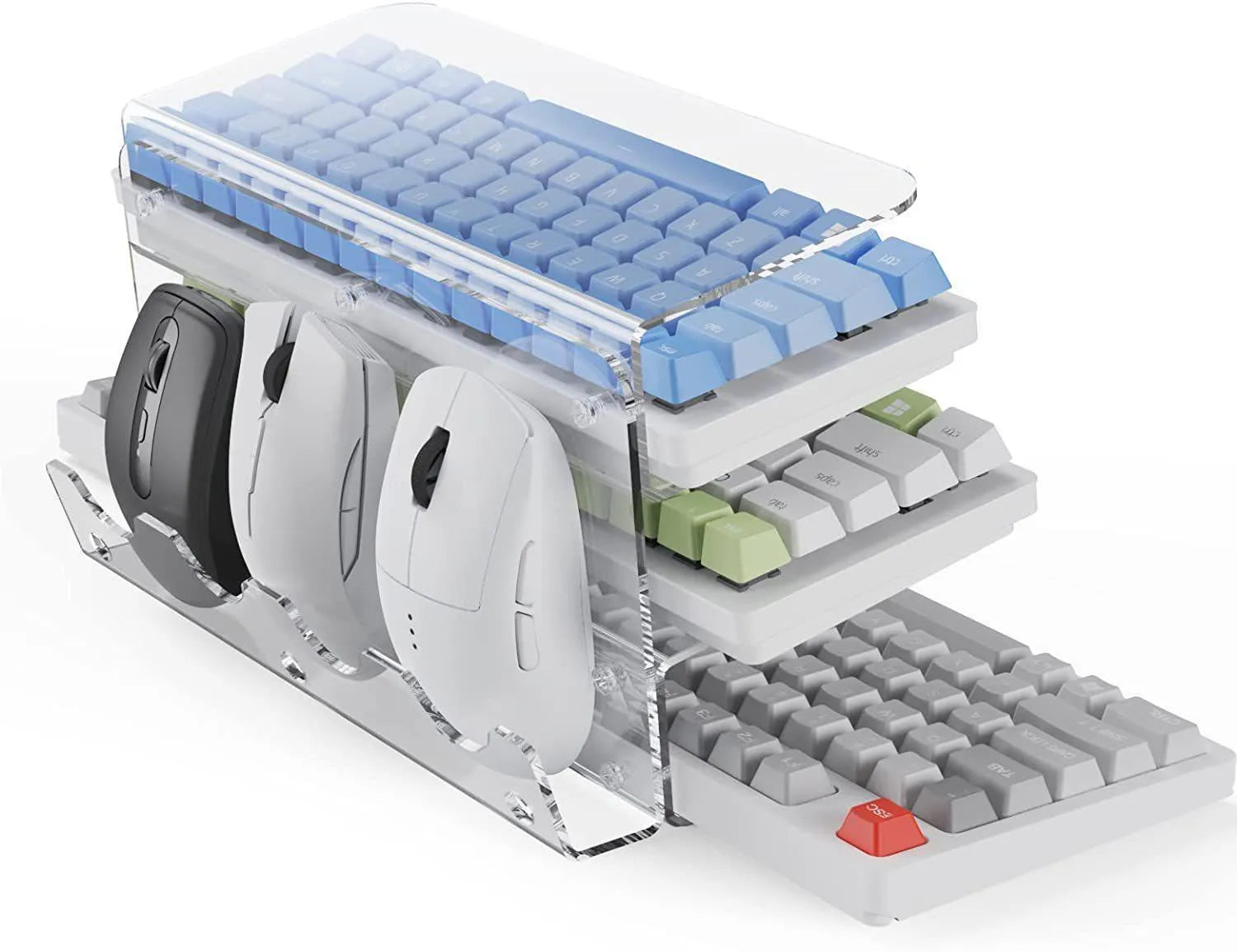 Plastic inclined computer keyboard holder bracket in green on a desk