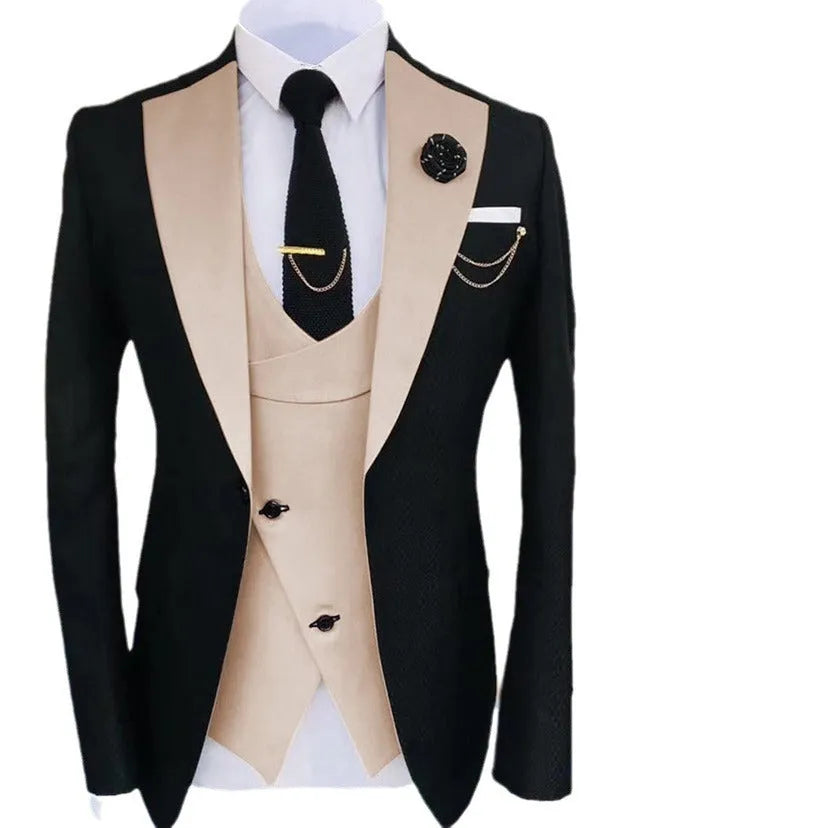 Men's slim fit three-piece business suit in cotton fabric with coat, vest and trousers