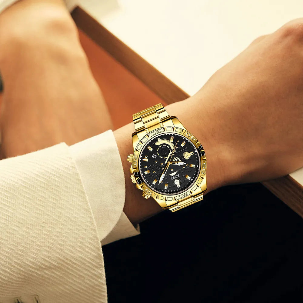 Men's gold business quartz watch with stainless steel strap and 10mm thickness