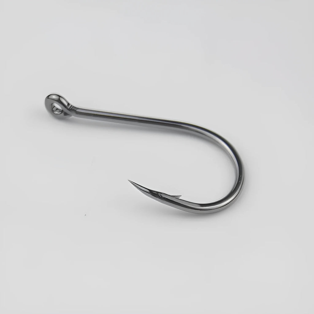 Bulk pack of barbed alloy carbon steel fishing hooks in various sizes for sea fishing.