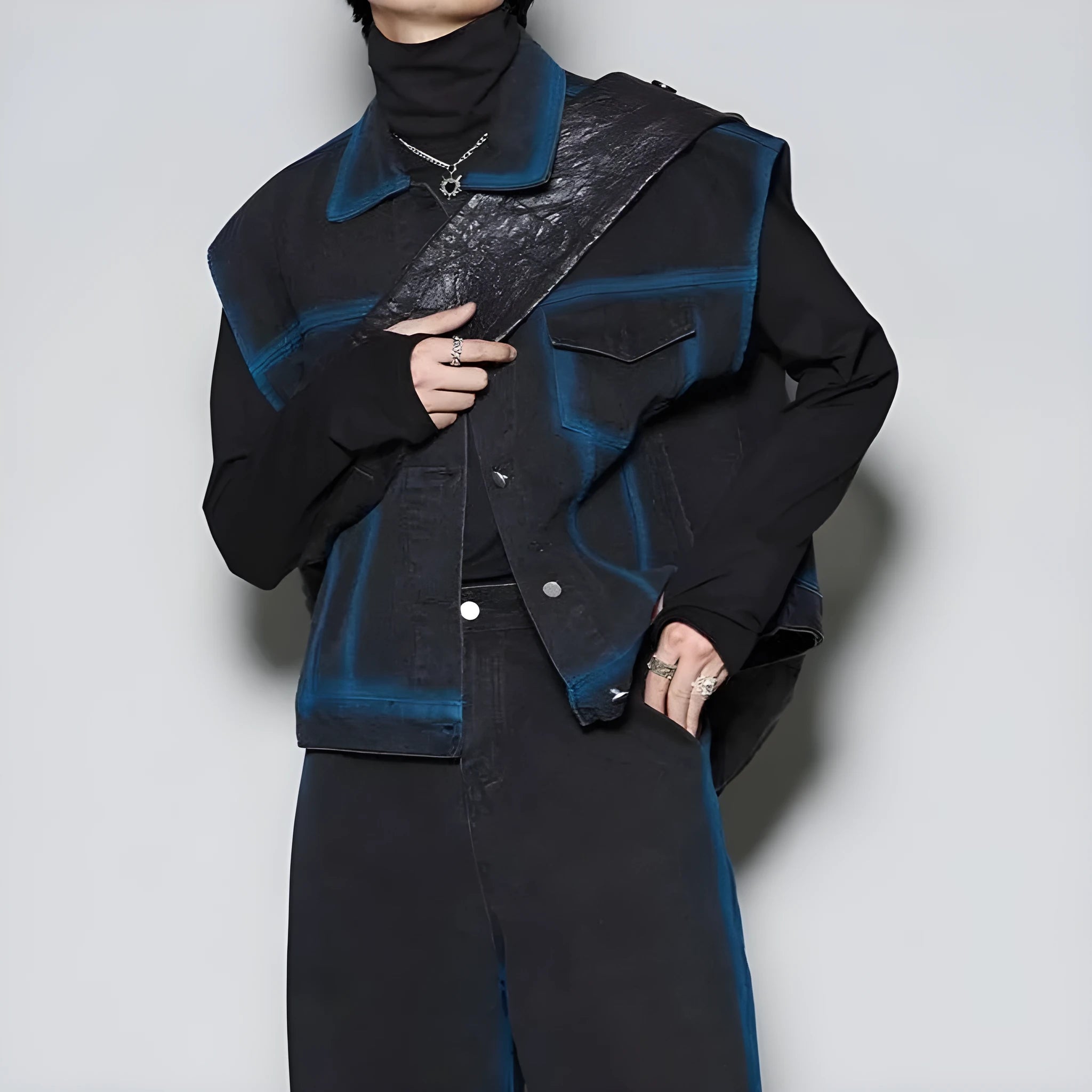 Fleece-lined spray colour gradient distressed vest and jeans two-piece set in blue or black colour options
