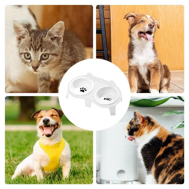 Ceramic cat food and water bowl set on tilted elevated stand in blue, pink, white or yellow colours
