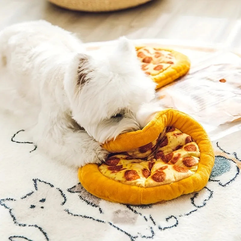 Yellow teddy bear dog toy holding pizza slice squeaky chew toy