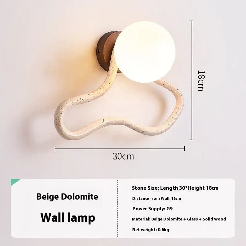 Middle ancient cream style bedroom bedside wall lamp with M white travertine and solid wood base, 30cm length, warm light