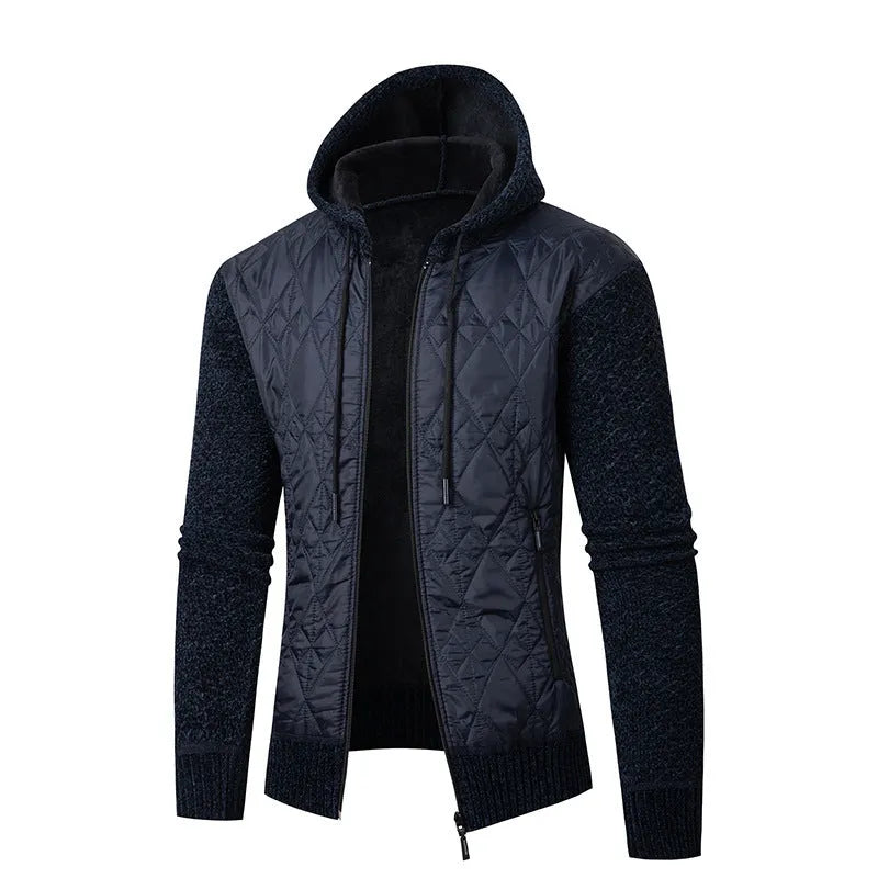 Men's grey hooded sweater coat in wool corduroy with cinched cardigan design for winter wear