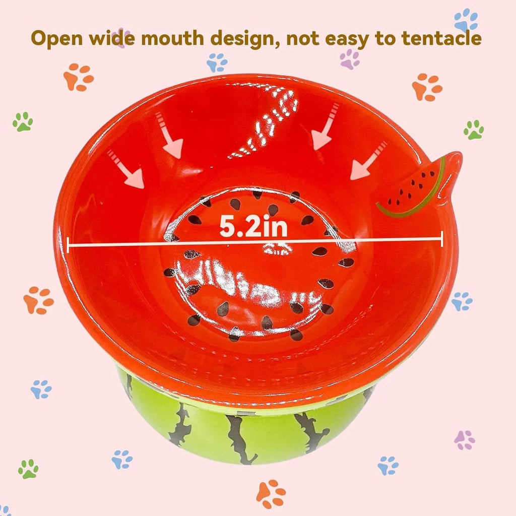 Orange patterned ceramic raised cat bowl with wide tilted dish on non-slip base.