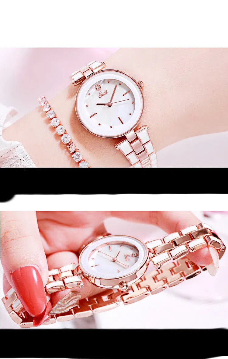 Ladies quartz watch with white round dial, steel strap, and rose gold sheen on a plain background