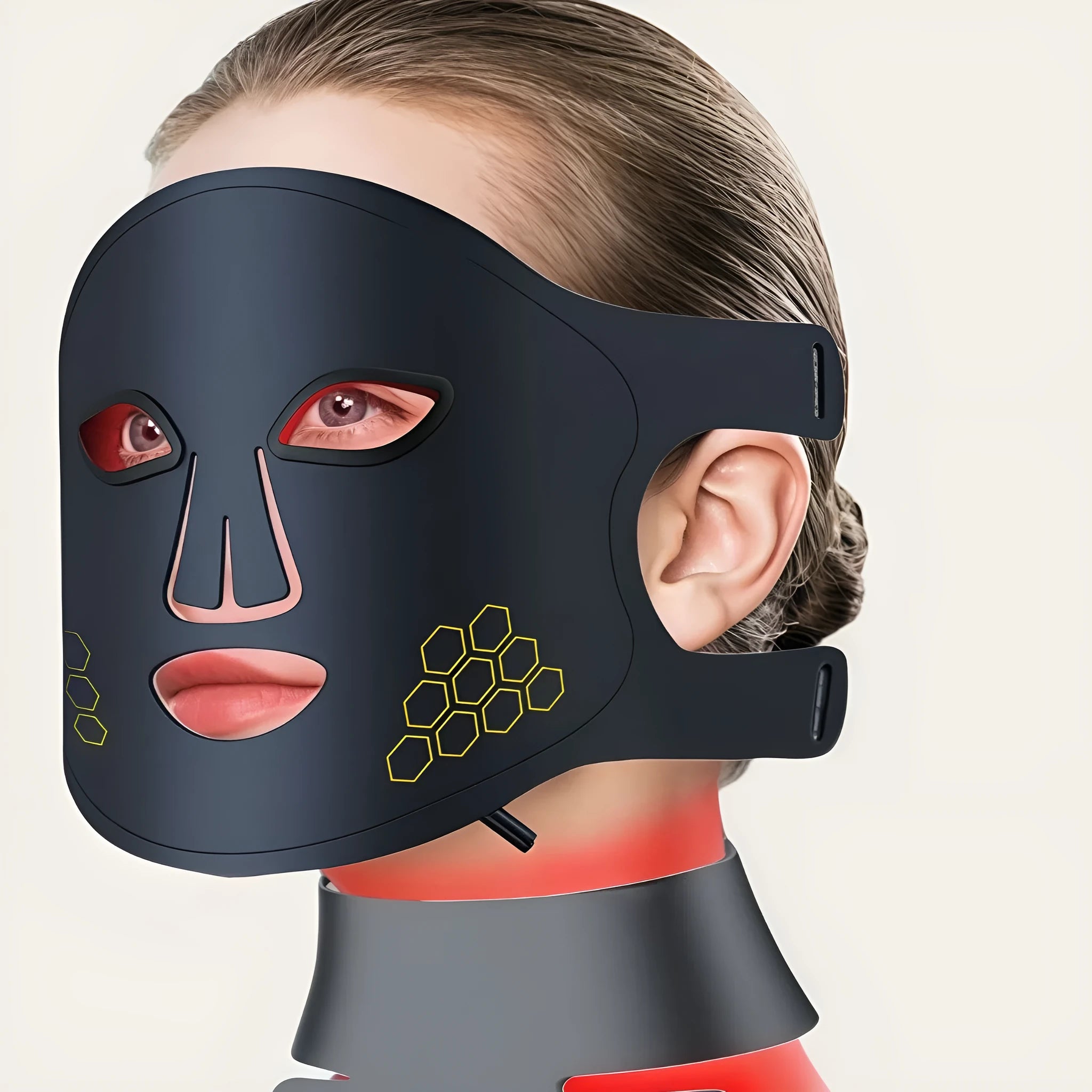 Black LED photon therapy face mask with neck treatment capability and adjustable settings