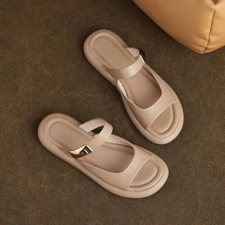 Women's apricot soft leather platform sandals with peep toe and flat rubber sole.