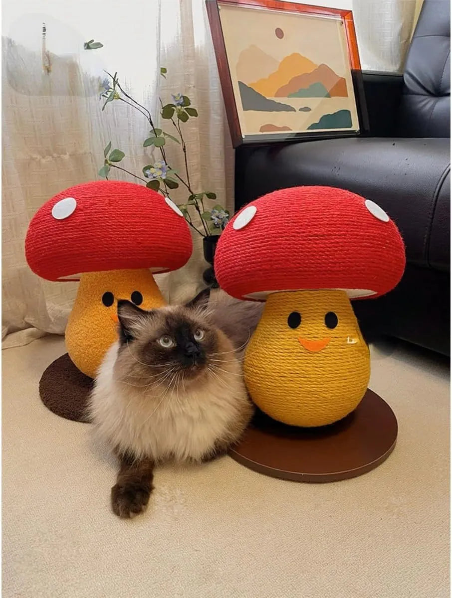 Foldable accordion-design cardboard cat scratcher in mushroom shape on a carpet