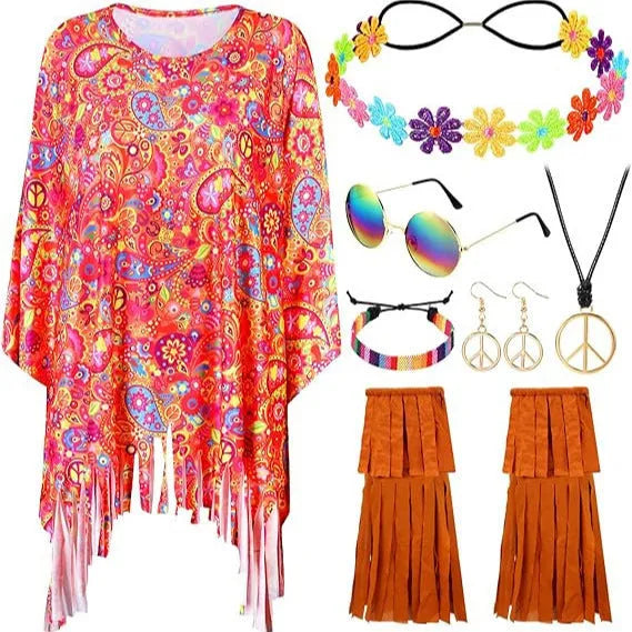 Tie dye patterned spandex cloak costume with bell sleeves in rainbow colours for Halloween