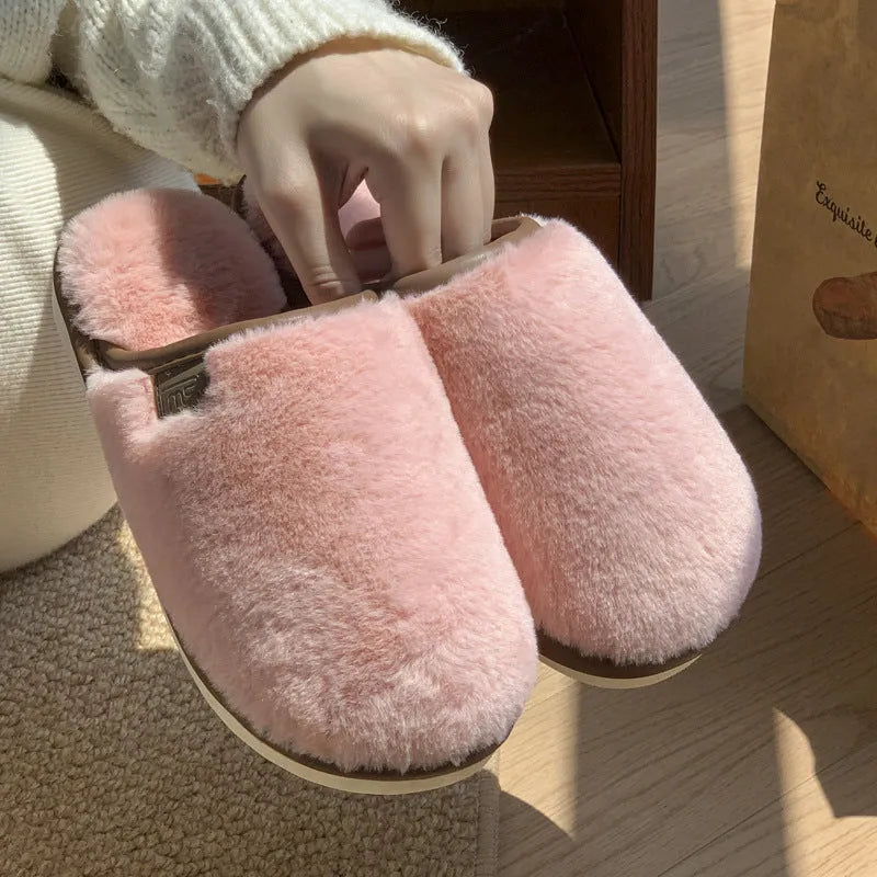 PVC winter plush slippers in solid colour with non-slip sole for indoor home use