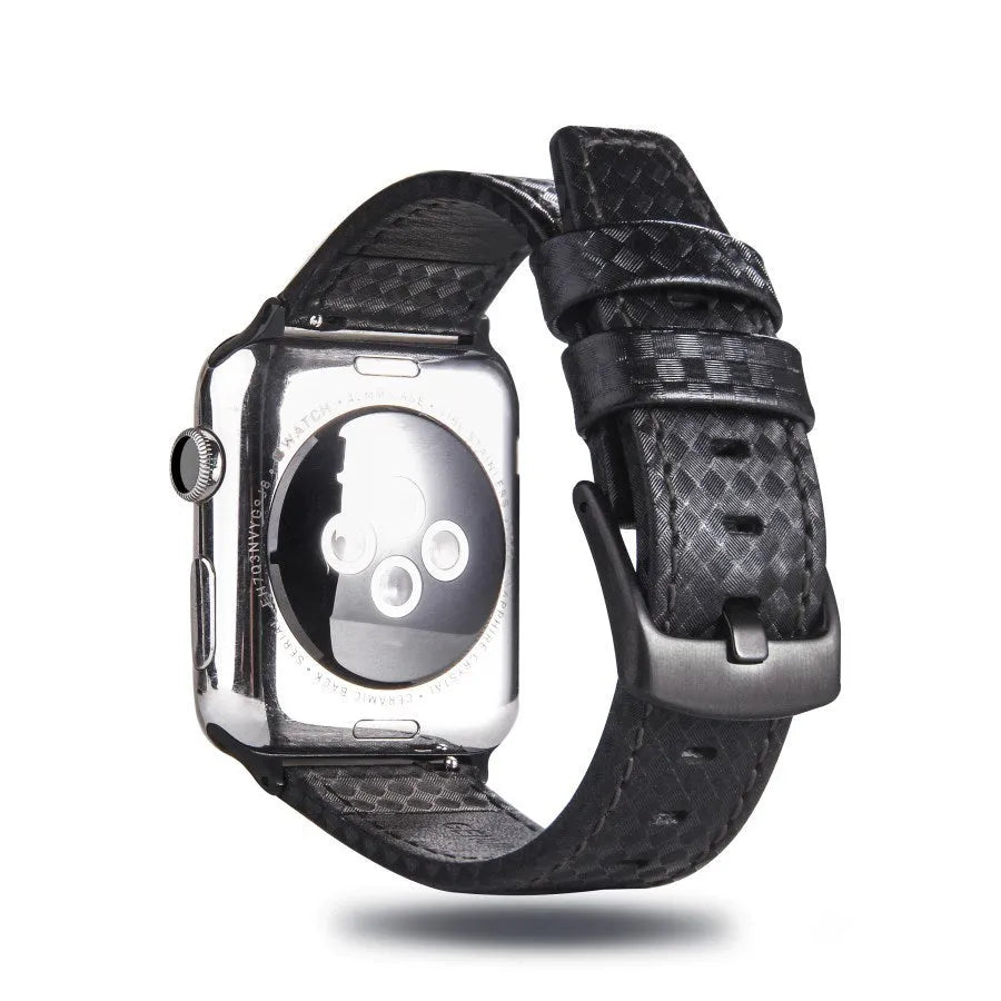 Carbon fibre pattern leather iPhone watch strap and matching hard shell case in four colour options