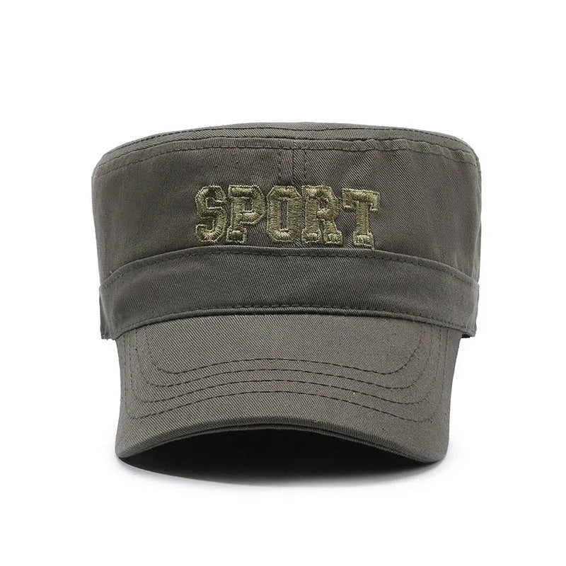 Men's adjustable cotton flat-top peaked cap in army green colour with dome crown.