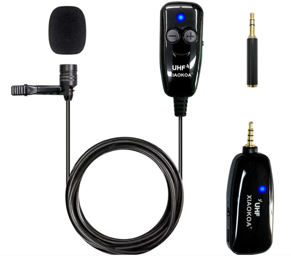 Black omnidirectional lavalier lapel microphone with 3.5mm plug and APS cable for mobile phones
