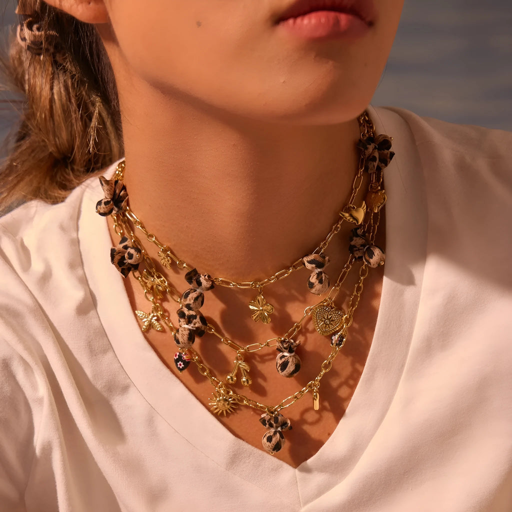 Women's stainless steel necklace with leopard pendant and love heart flowers design