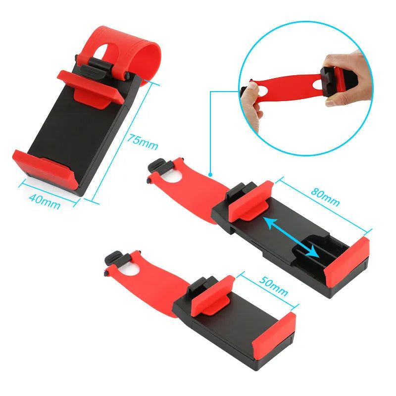 Black car steering wheel phone clip mount holding smartphone for GPS navigation