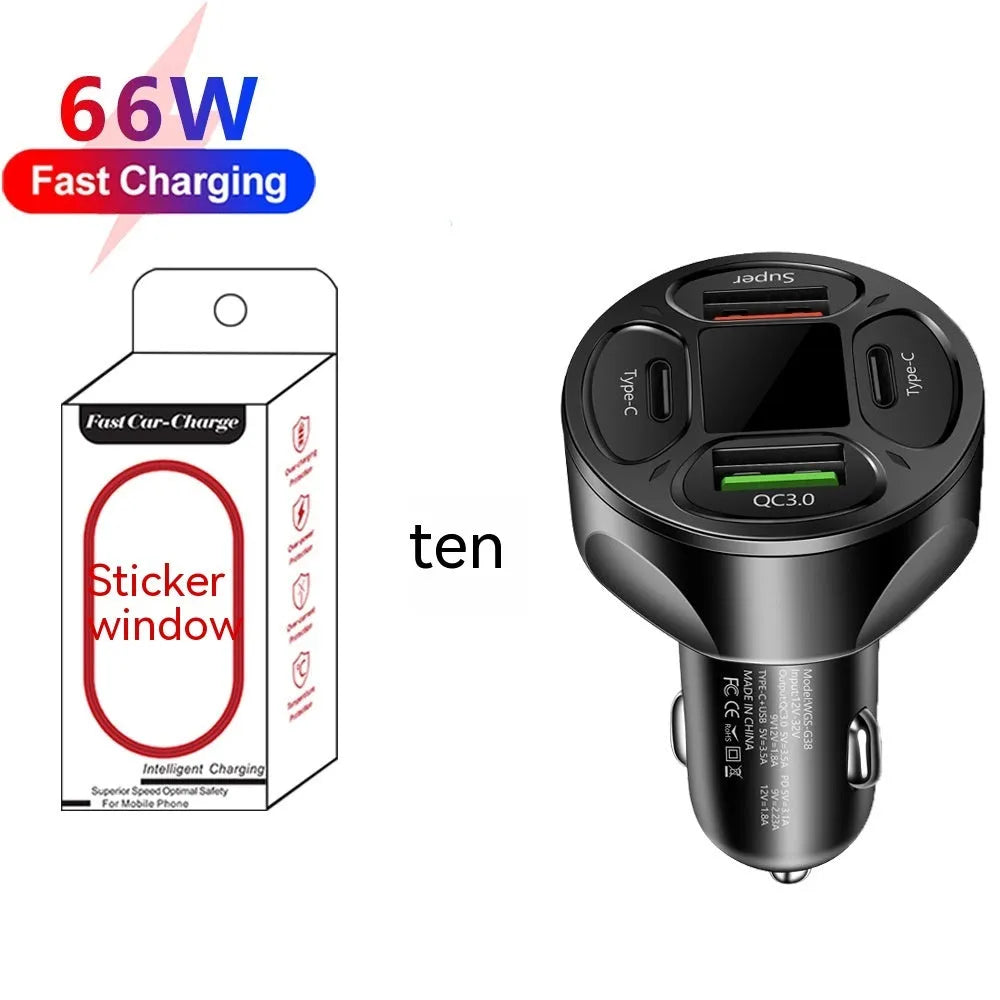 66W digital display car charger with four USB and Type-C ports for fast charging