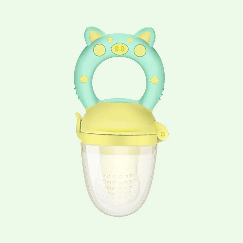 Silicone baby teether in blue, green or pink with single or triple mouthpiece designs for infant gum relief