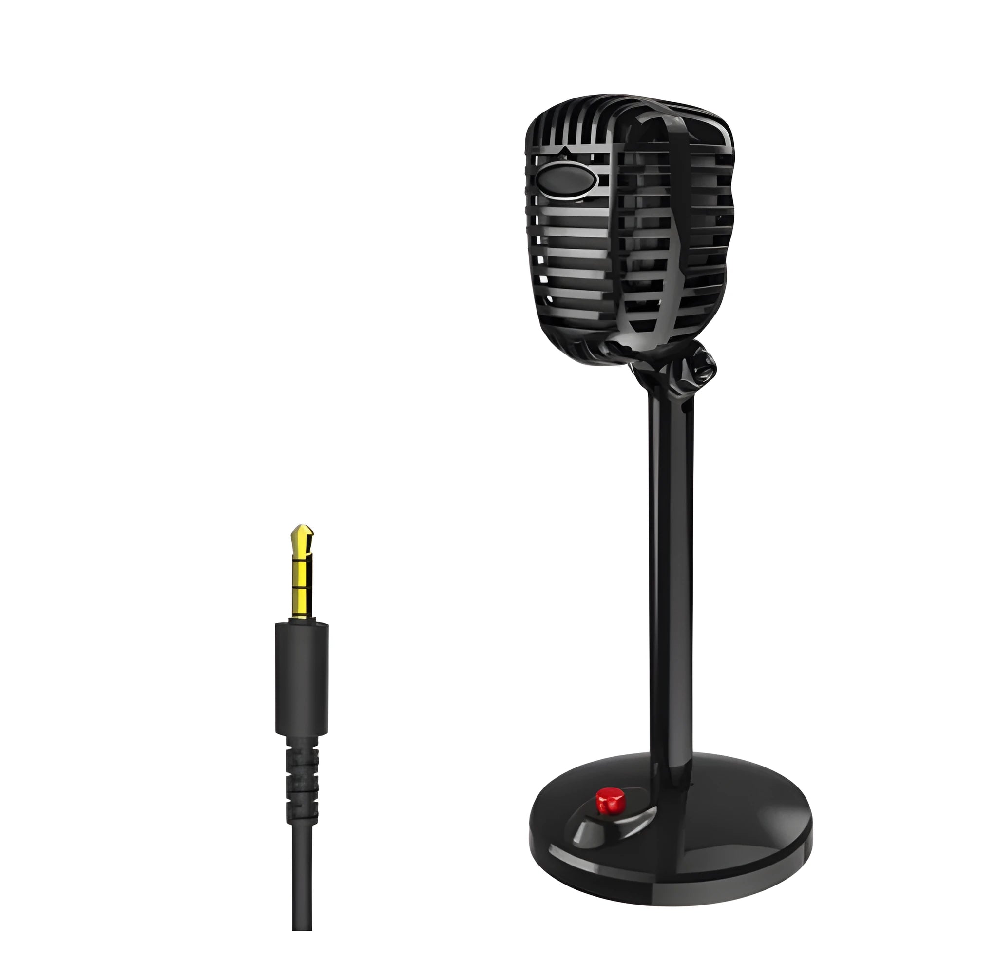 Black USB computer microphone with adjustable stand on weighted base for podcasting and voice recording