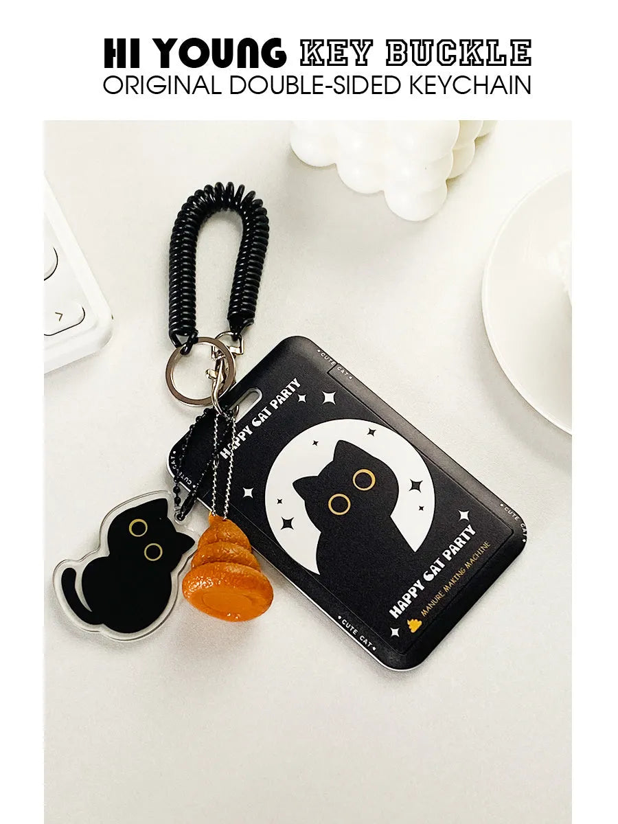 Cartoon black cat design plastic card sleeve holder with metal keychain clip
