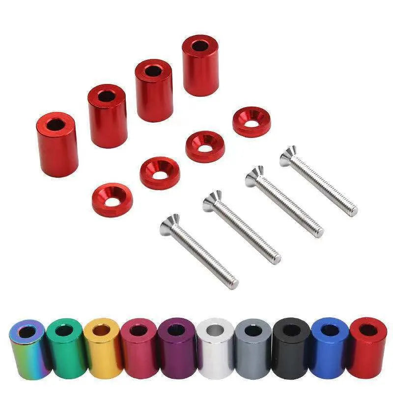 Aluminium machine cover height spacer kit in red, blue, and black with screws, nuts, and washers.