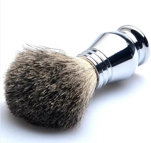 CSB men's shaving set featuring a chrome double edge razor, badger hair brush, stand, soap bowl, and blades.