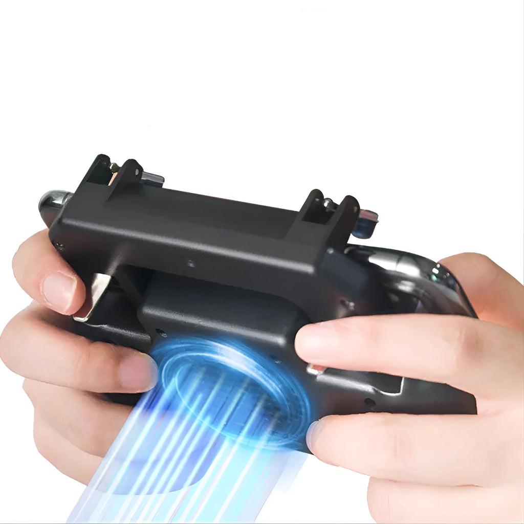 Black USB mobile game controller for smartphones with aluminium alloy sides and ergonomic grip.