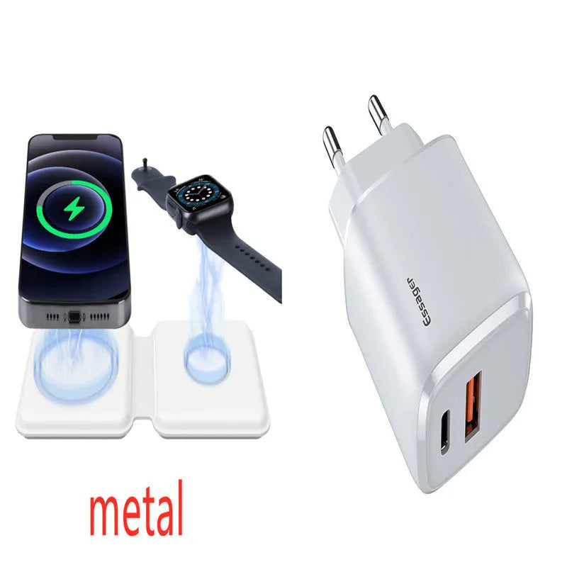 White foldable magnetic wireless charging dock showing dual charging surfaces and 180° folding mechanism