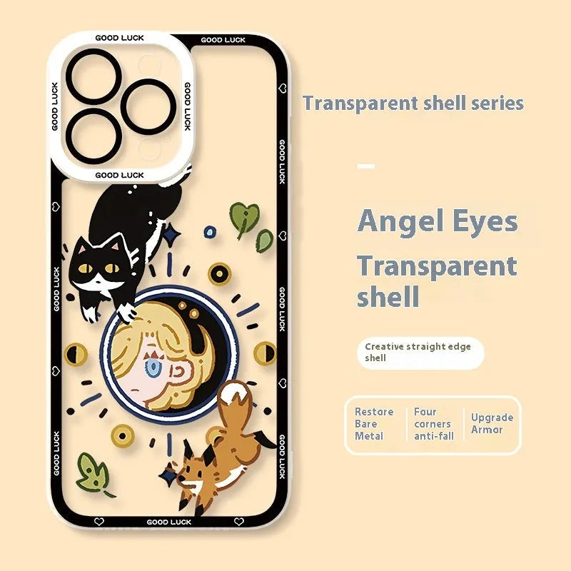 Transparent cat eye silicone phone case with UV printed cat pattern, drop-resistant, fits Apple iPhone