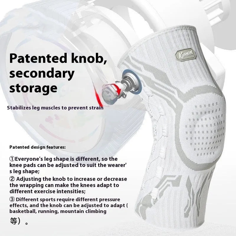 Grey and white adult sports knee pad for left or right foot, shown in sizes M, L, or XL.