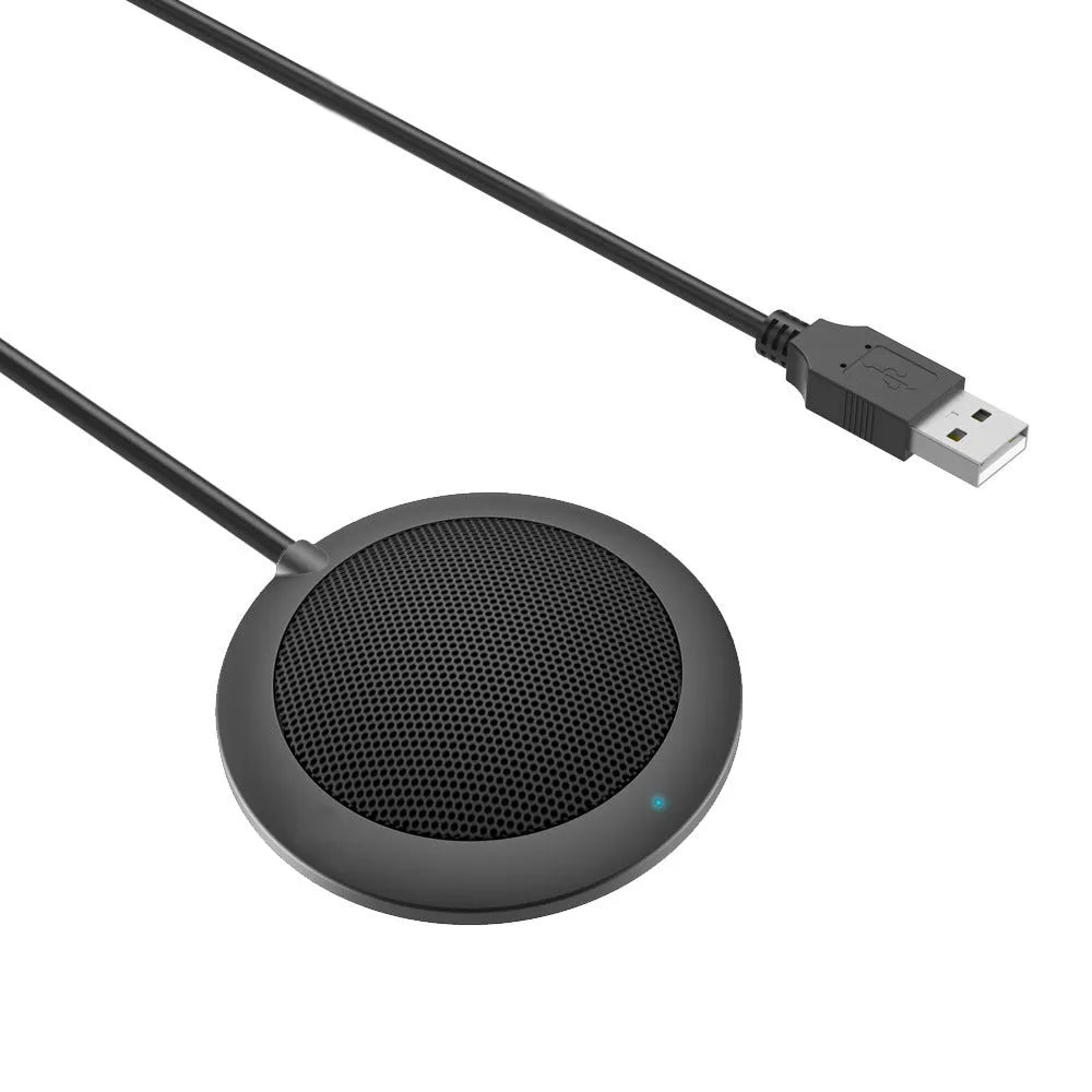Black USB desktop microphone with metal mesh cover and 70mm diameter design for computer audio recording